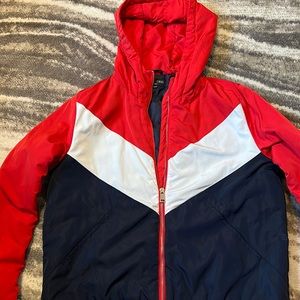 Red, white and blue womens puffer jacket